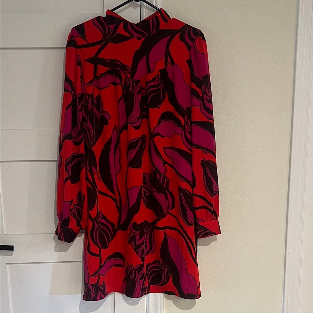 Who What Wear Long Sleeve Red Pink Floral Shift Dress Pockets Size Large NWOT